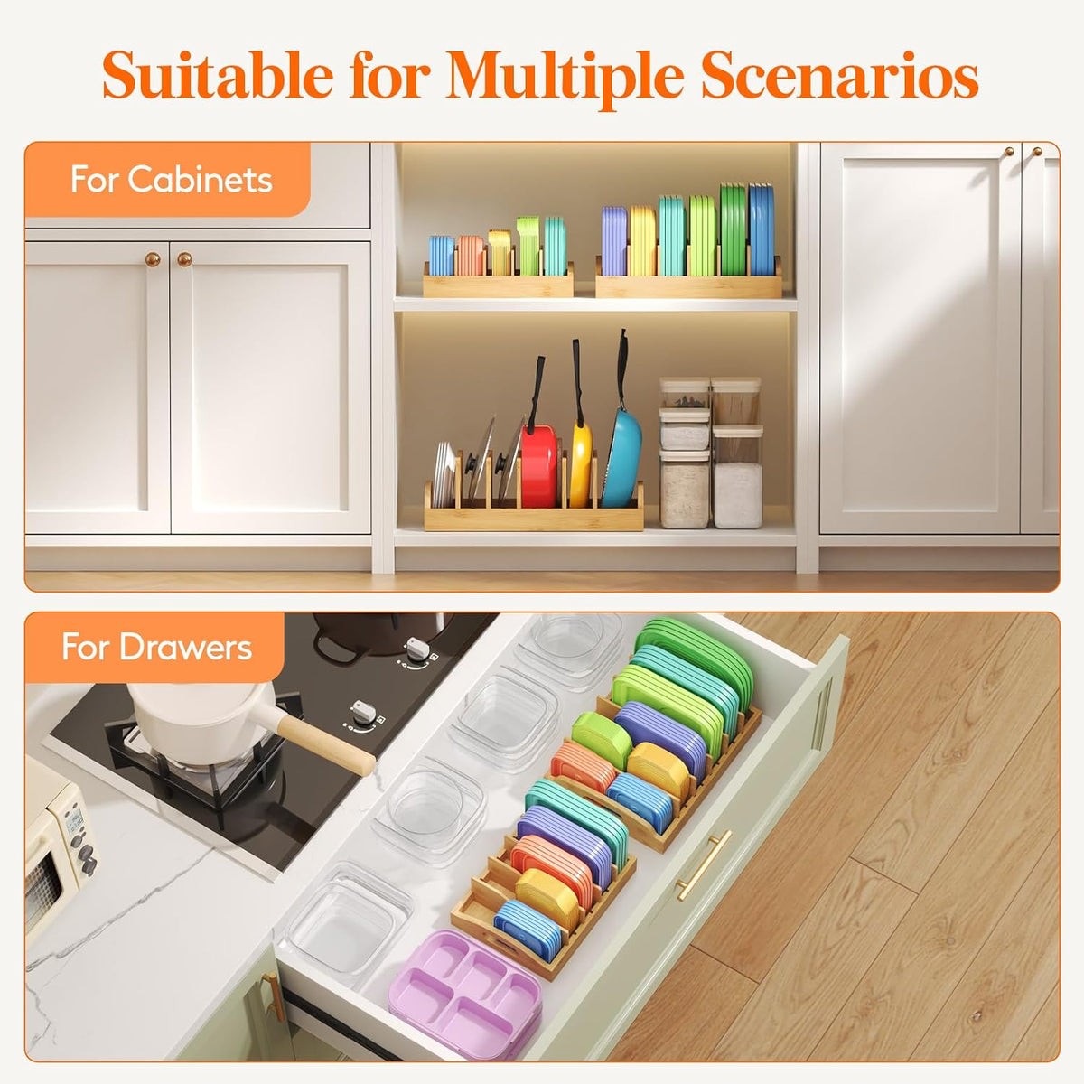 Lifewit Bamboo Lid Organizers for Inside Cabinet with 5 Sections