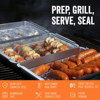 Yukon Glory™ BBQ 'N SERVE Premium Set, Includes 3 Grill Baskets, Serving Tray, Bamboo Cutting Board, Plastic Lid and Clip-on Handle