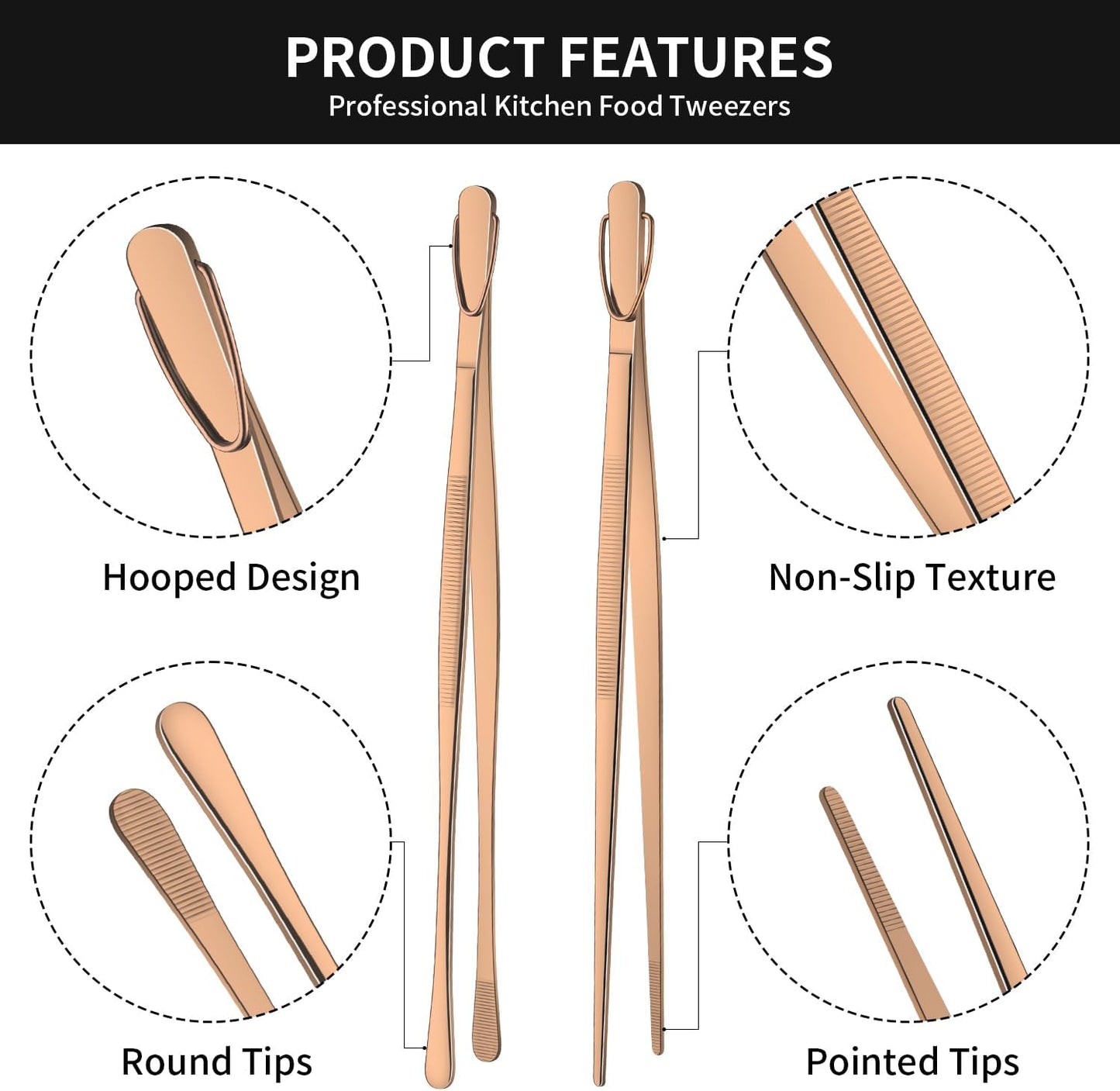 DEHOV 12 Inch Gold Stainless Steel Kitchen Tweezers For Cooking Tongs Set of 2, Metal Long Food Tweezers, BBQ Grill Tongs For Pasta