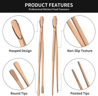 DEHOV 12 Inch Gold Stainless Steel Kitchen Tweezers For Cooking Tongs Set of 2, Metal Long Food Tweezers, BBQ Grill Tongs For Pasta