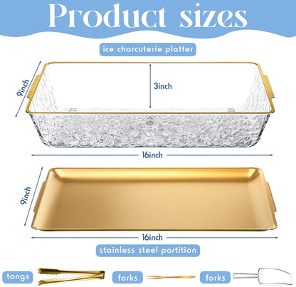 Baderke 1 Set 16" x 9" Chilled Serving Tray for Parties with Compartments and Lid Charcuterie Serving Board Ice Rectangle Chilled Party Platter for Seafood Vegetable Fruit Shrimp Cocktail (Silver)