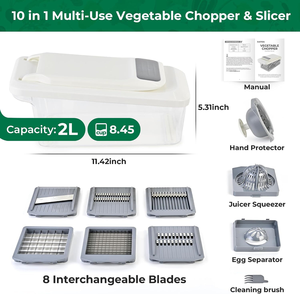 SUSTEAS Vegetable Chopper Mandoline Slicer, 6 Blade Chopper, 10-in-1 Gray