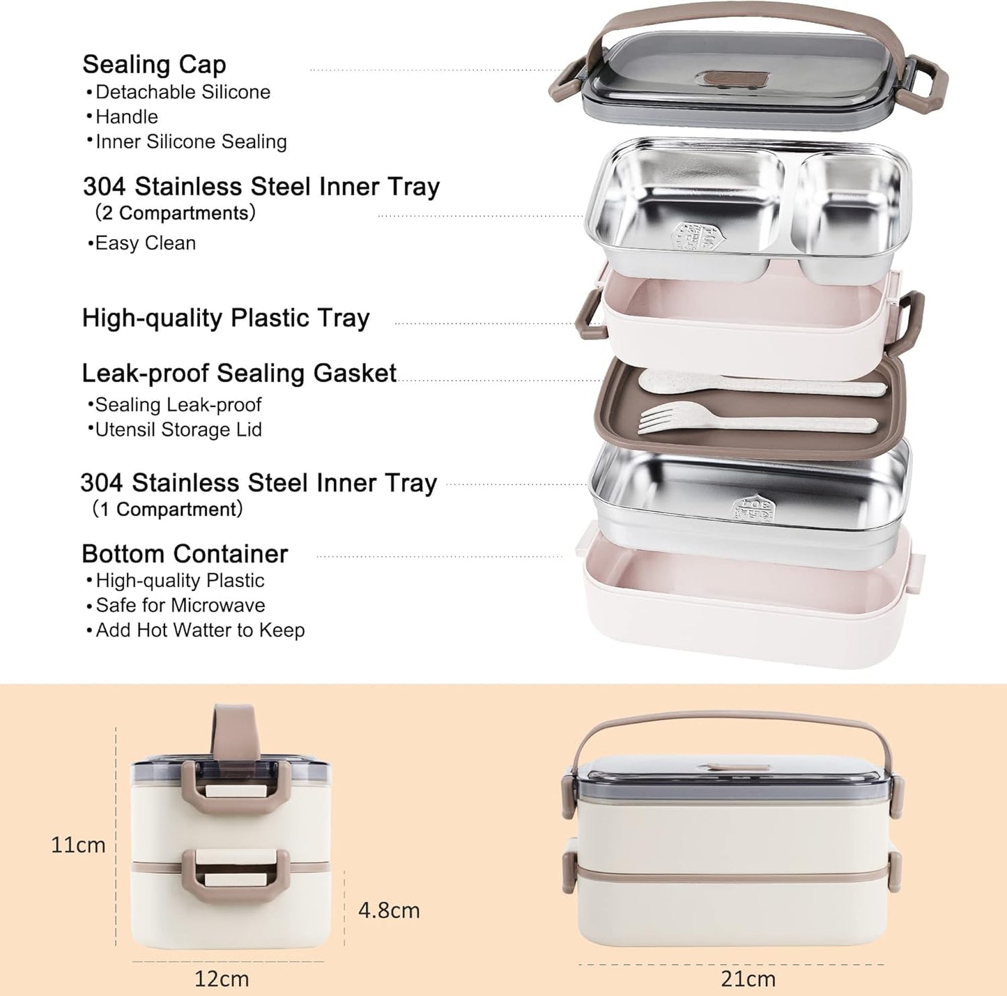 Stainless Steel Bento Box for Adults&Kids,Japanese Leakproof Lunch Box Divided Food Meal Storage Containers Set Stackable 2 Layer for Children School Picnic Beige