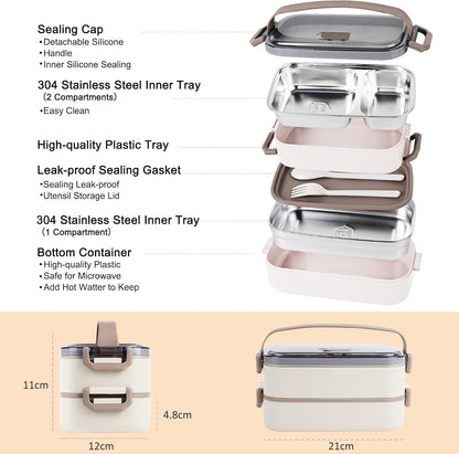 Stainless Steel Bento Box for Adults&Kids,Japanese Leakproof Lunch Box Divided Food Meal Storage Containers Set Stackable 2 Layer for Children School Picnic Beige