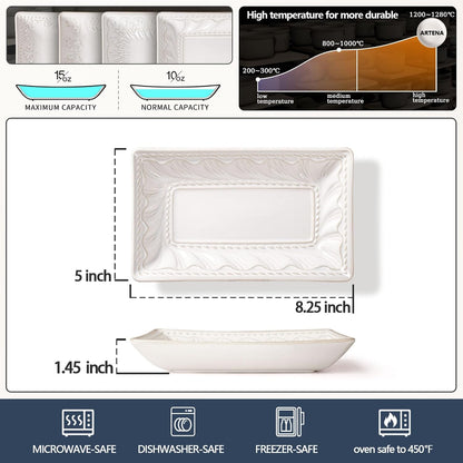 Artena 9.85" Ceramic Rectangle Plates Set of 4 - Deep Lipped Edges, Appetizer Salad Sushi Pasta Dessert Plates, Microwave/Oven Safe, Cute Kitchen Dinner Restaurant Serving Dishes (Wheat Leaf)