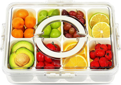 Snackle Box Container with Lid and Handle,8 Compartment Divided Serving Tray-Portable Clear Organizer for Nuts, Fruits, Candy & Veggies-Perfect for Road Trip, Party, Picnic, Camping- 2Pack