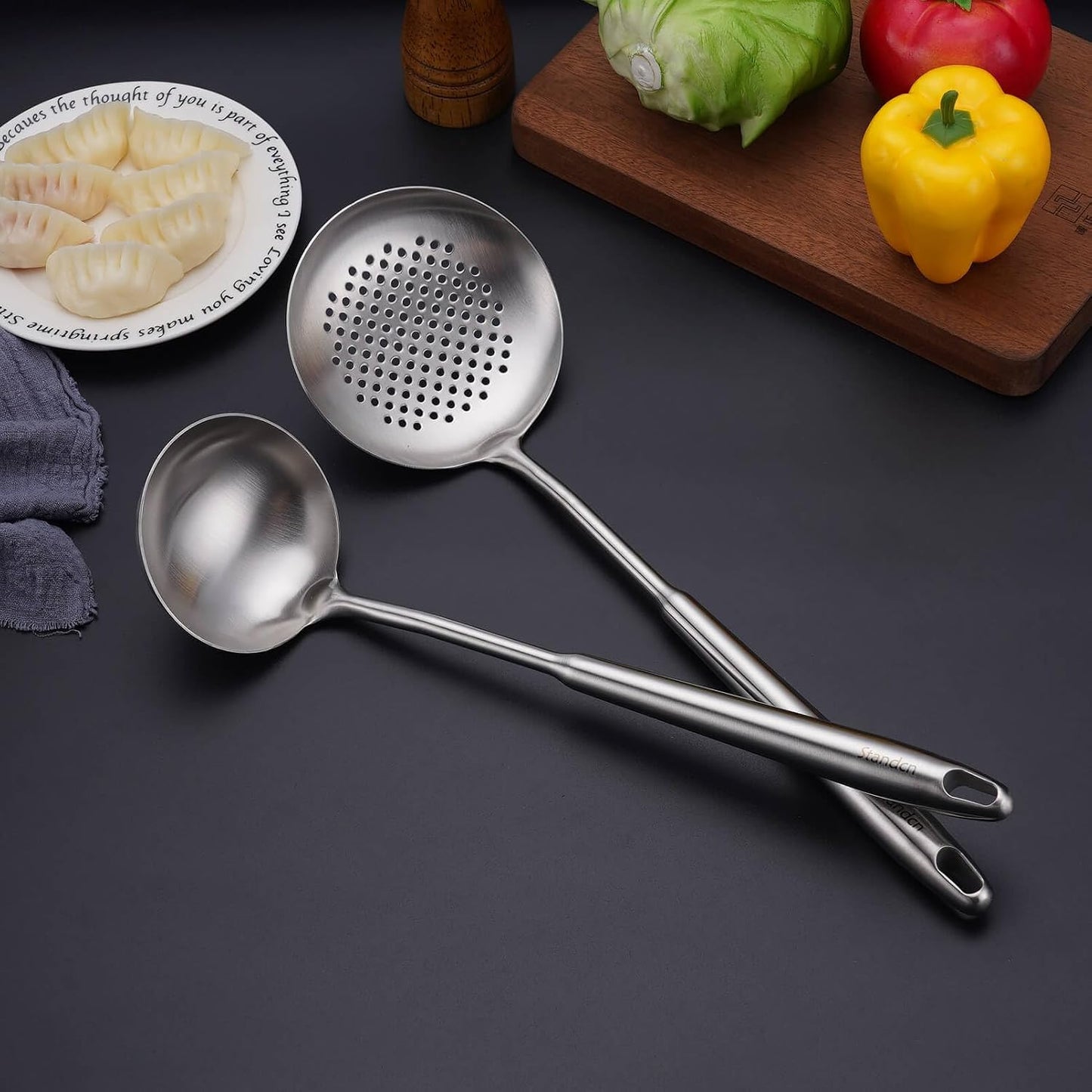 18/10 Stainless Steel Kitchen Utensils Set - 12 PCS All Metal Cooking Tools & 15″ Serving Utensils - Potato Masher, Meat Fork, Tongs, Turner, Pasta, Serving Spoon, Skimmer, Ladle, Spatula Spoon Set