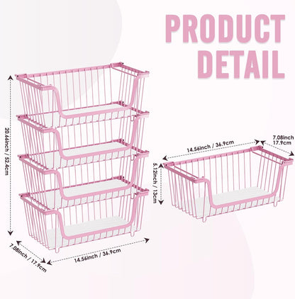 GAOKASE 4 Pcs Stackable Wire Baskets for Pantry Organizers and Storage,Vegetable Fruit Basket for Countertop,Kitchen Storage Metal Baskets,Produce Potato Onion Storage Bin-Black