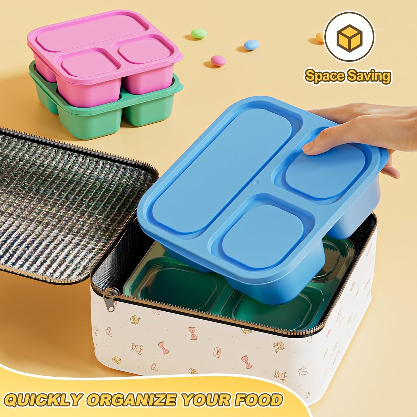 6 Pcs Snack Box Container Set, Reusable 3&4 Compartment Meal Prep Snack Containers for Adults Kids Toddler, BPA-Free Divided Lunchable Container for School, Work and Travel (Transparent Lids)