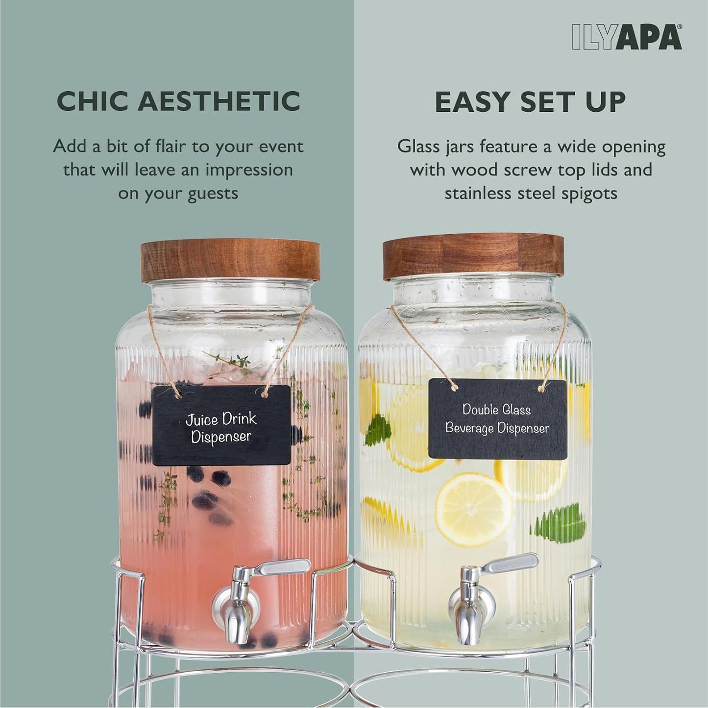 Ilyapa Glass Drink Dispensers for Parties with Stand - 2 Pack, 2 Gallon Double Beverage Dispenser with Wood Tops & Black Stainless Spigots