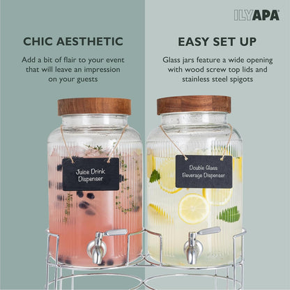 Ilyapa Glass Drink Dispensers for Parties with Stand - 2 Pack, 2 Gallon Double Beverage Dispenser with Wood Tops & Black Stainless Spigots
