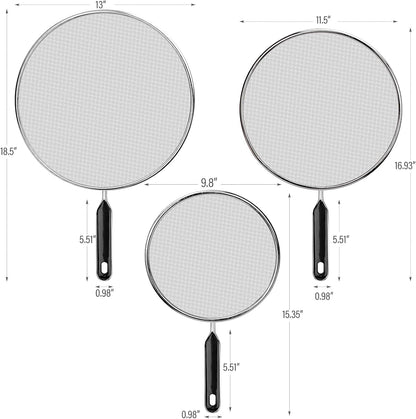 Splatter Screen for Frying Pan 13" 11.5" 9.8" Stainless Steel Fine Mesh Grease Splatter Guard with Comfort Silicone Handles and Resting Feet for Prevent Oil Splatter Safe Cooking