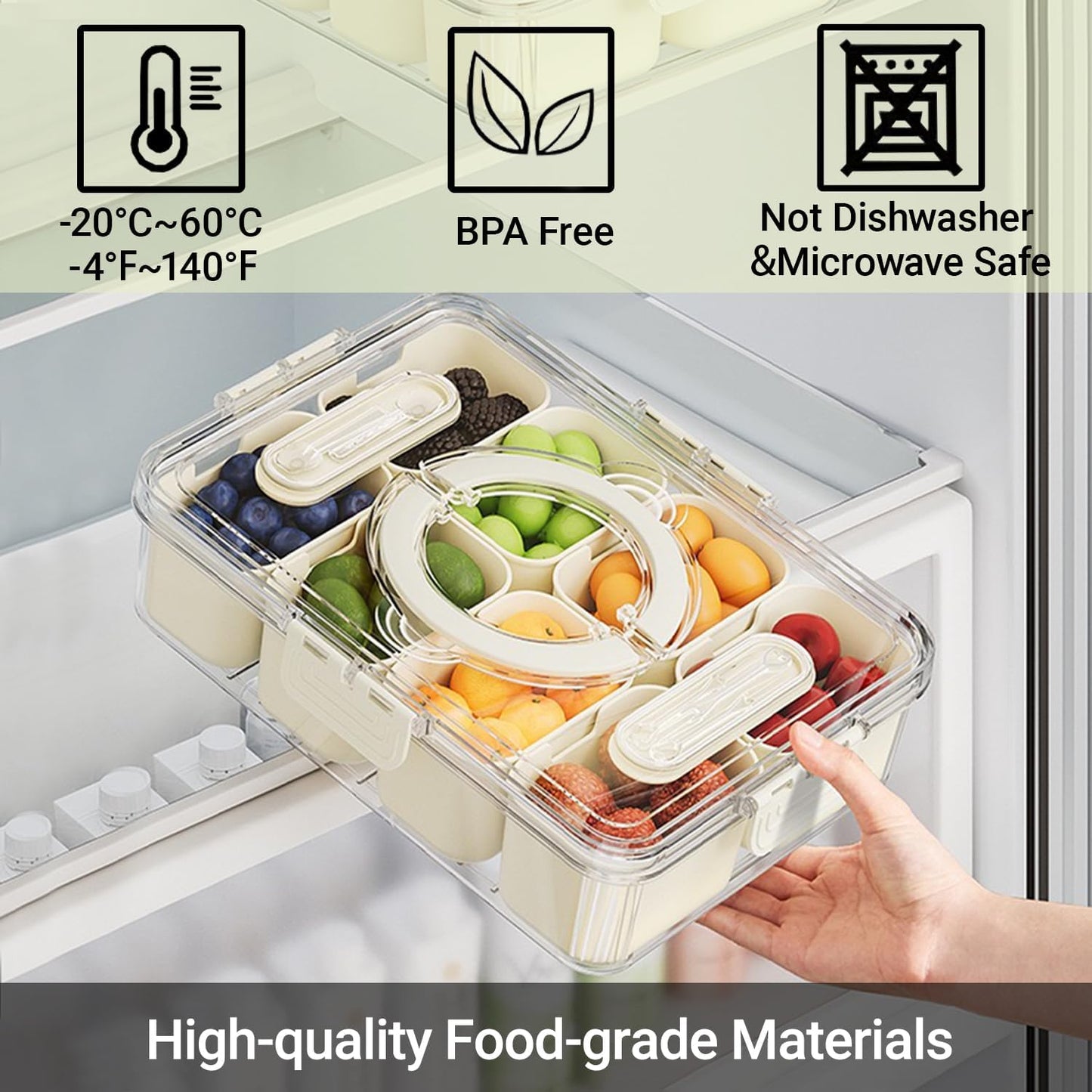Large Divided Serving Tray with lid and handle Travel snack container Portable snackle box container for fruit, Party, Picnic -10 compartment with 3 forks and 2 spoons