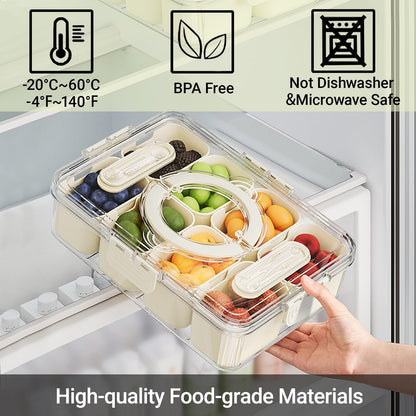 Large Divided Serving Tray with lid and handle Travel snack container Portable snackle box container for fruit, Party, Picnic -10 compartment with 3 forks and 2 spoons