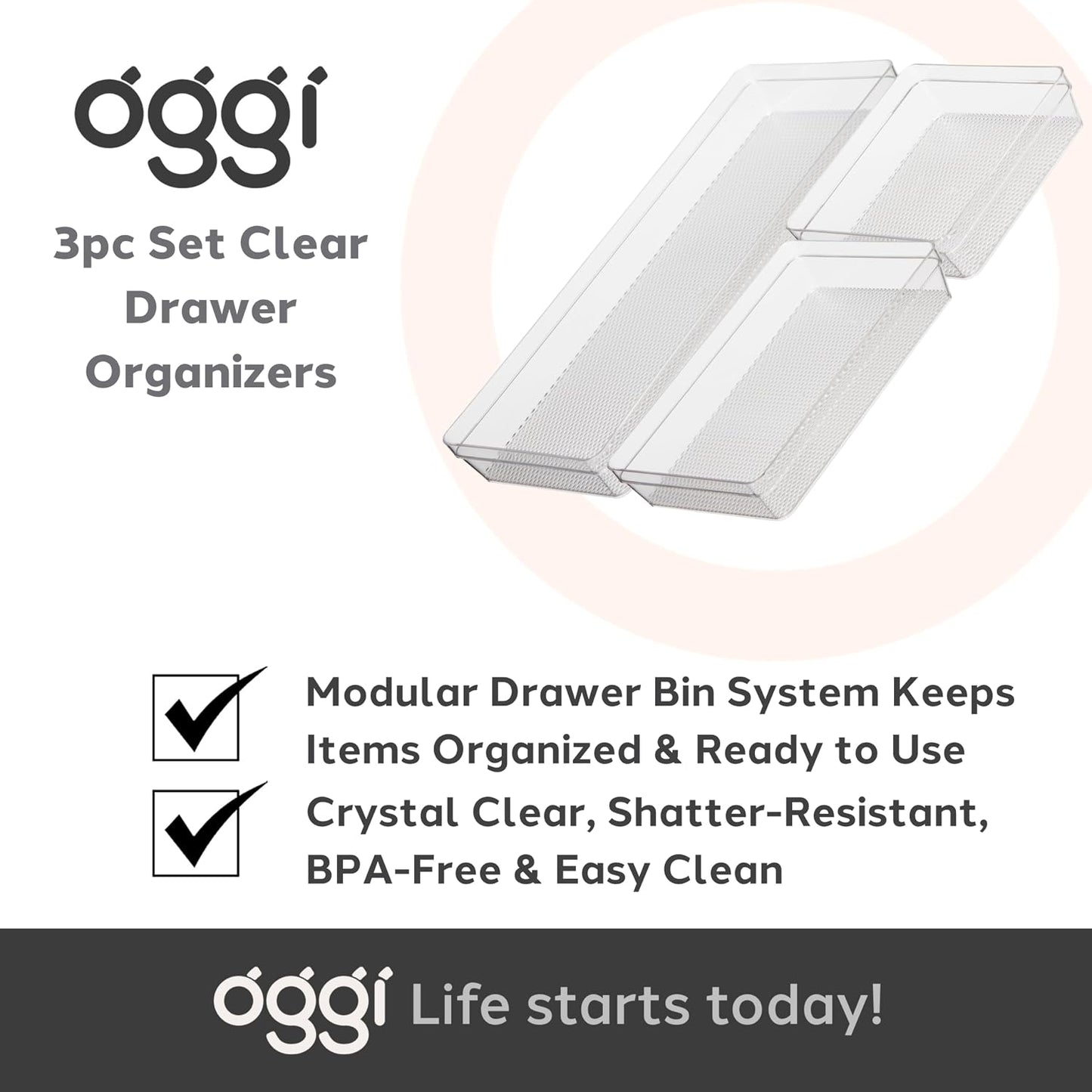 Oggi Clear Drawer Organizer - 3" X 12.5" - Ideal for Organizing Kitchen Drawers, Office, Desk, Silverware, Kitchen Utensils, Cosmetics and Bathrooms