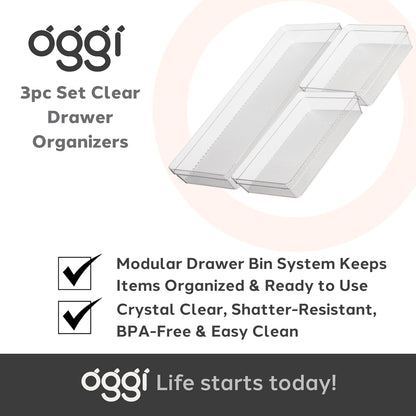 Oggi Clear Drawer Organizer - 3" X 12.5" - Ideal for Organizing Kitchen Drawers, Office, Desk, Silverware, Kitchen Utensils, Cosmetics and Bathrooms
