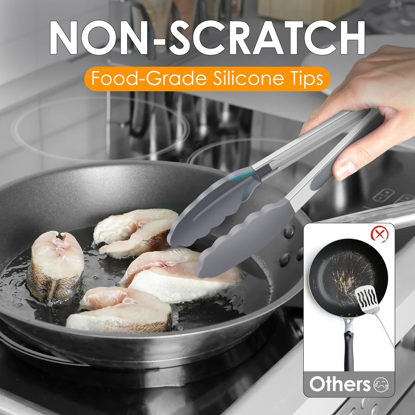 HOTEC Premium Stainless Steel Locking Kitchen Tongs with Silicon Tips, Set of 2-9" and 12"