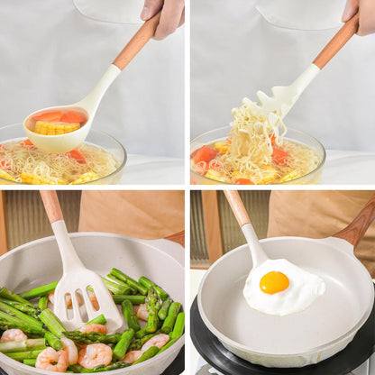 Kitchen Cooking Utensils Set, 6Pcs Silicone Kitchen Utensils Set Spatula Spoon Soup Ladle Turner, Heat Resistant Wooden Handle Silicone Cooking Gadgets for Nonstick Cookware & Baking BPA FREE