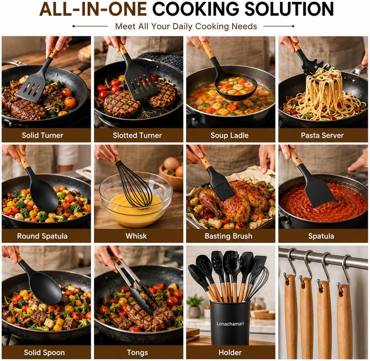 Silicone Kitchen Utensils Set of 12 – Cooking Spoons for Nonstick Cookware, Silicone Spatula Set for Cooking, Rust free, Tongs, Whisk,Turner & Brush - Heat Resistant 446°F - By Lonachamari
