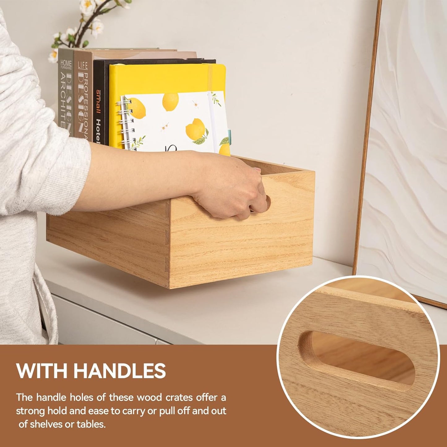 KIRIGEN Nesting Wood Crates with Handles, Set of 3 Storage Boxes Natural | 3 Different Size Decorative Box Organizer for Towels, Books, Crafts Fully Assembled