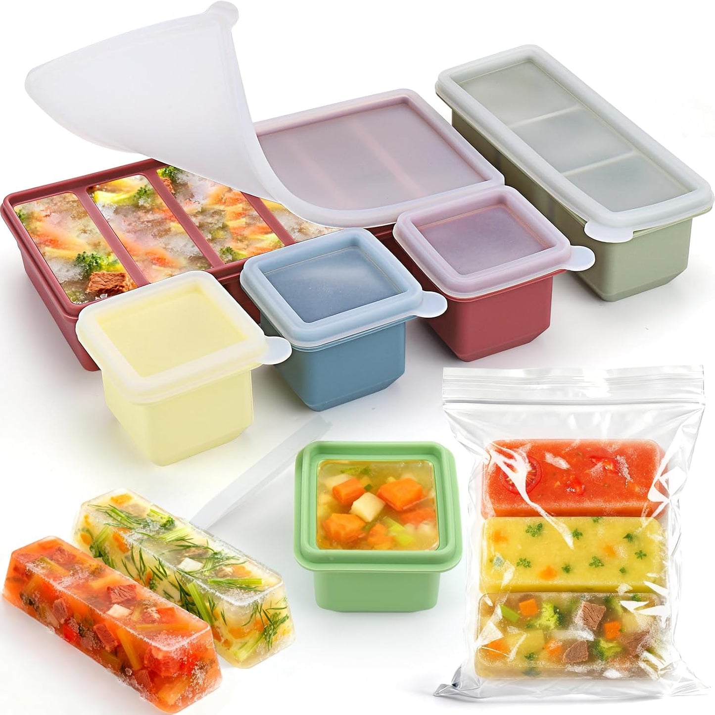 Juome Silicone Freezer Trays with Lid for Soup Cubes, 6 Pack Silicone Soup Freezer Molds for Meal Prep, 1& 3& 6-Cup Portion Soups Freezer Containers for Souper Ice Cube Food Storage, Dishwasher Safe