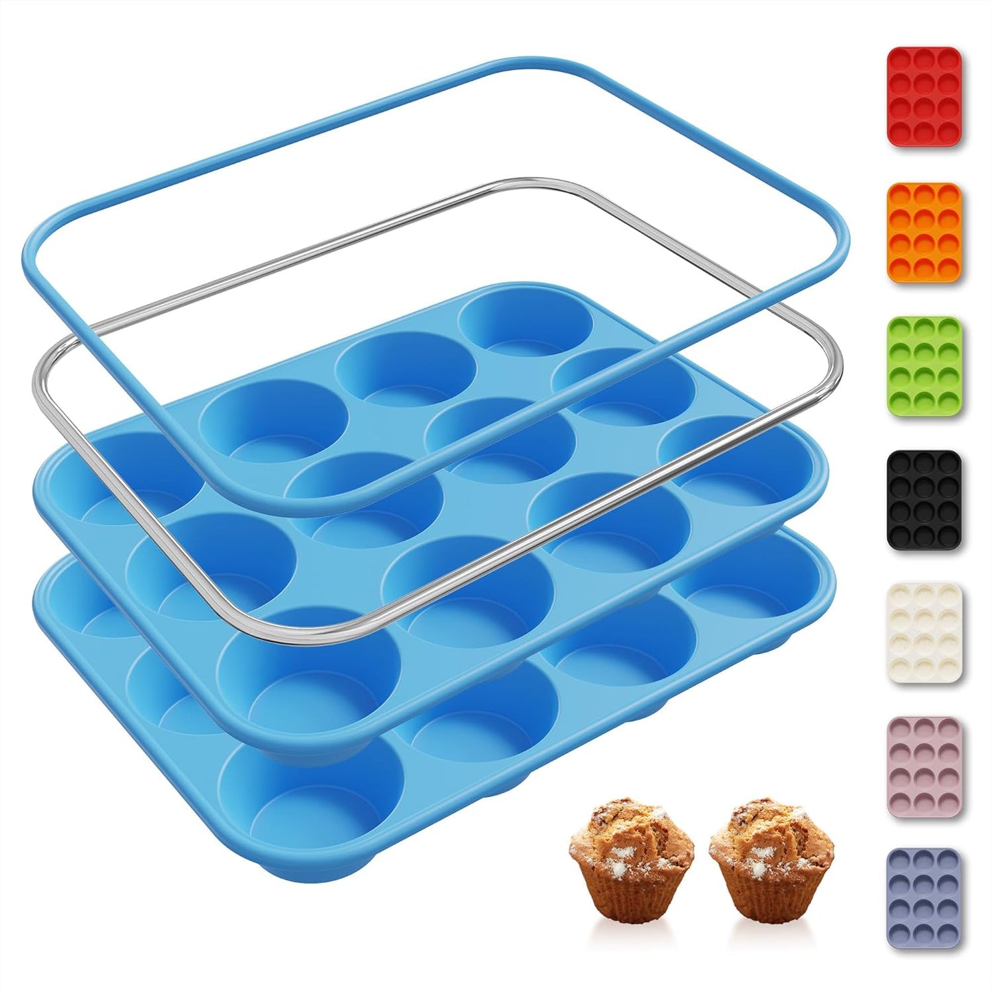 2 Pack 12 Cups Silicone Muffin Pan with Metal Reinforced Frame Regular Size Silicone Molds Cupcake Cake Baking Pans Cookie Baking Chocoflan Cupcake Mold Nonstick Muffin Tin Home Baking Supplies