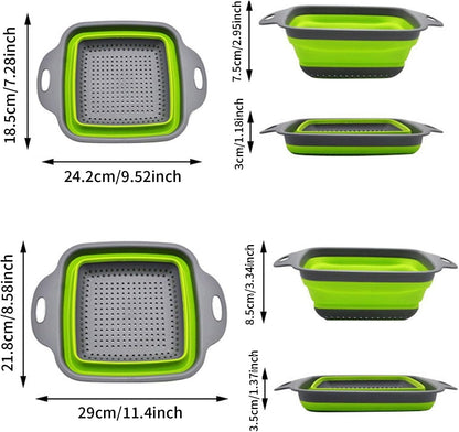 2 PCS Collapsible Colander, Collapsible Strainers for Kitchen, 11.5 inch Silicone Strainer and 9.5 inch Silicone Colander for Draining Vegetable fruit, Kitchen Food Strainer, Blue (Green)