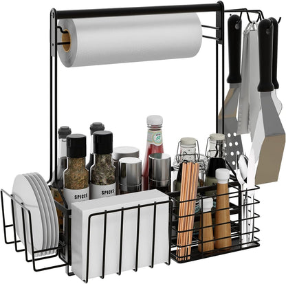 Grill Caddy, BBQ Caddy with Paper Towel Holder for Plate Cutlery, Flatware Caddy Picnic Condiment Caddy with 4 Hooks, Grill Utensil Caddy for Outdoor Barbecue Accessories Organizer