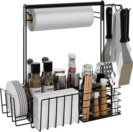 Grill Caddy, BBQ Caddy with Paper Towel Holder for Plate Cutlery, Flatware Caddy Picnic Condiment Caddy with 4 Hooks, Grill Utensil Caddy for Outdoor Barbecue Accessories Organizer