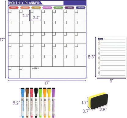 Monthly Magnetic Calendar for Refrigerator - 17"x17" Dry Erase Board, Large Writing Space, 8 Markers & Eraser - Family Schedule Planner, Stain-Resistant with Strong Magnets (Sunday Start)
