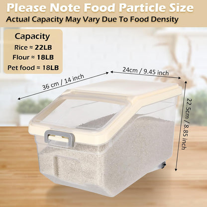 Sunnyray 4 Pcs Rice Storage Containers Bulk Flour Sugar Container Wheels Measuring Cups Set Airtight Pet Dog Cat Birds Food Bin Grain Cereal Organizer Box for Dry Baking (Beige,38 lb)