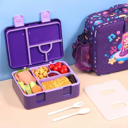 rockpapa Chill Bento Box for Kids- Large 5.5 Cups Lunch Box with Ice Pack - 5 Compartments, BPA-Free, Leak Proof, with Utensils & Portable Handle, Microwave/Dishwasher Safe (Purple Butterfly)