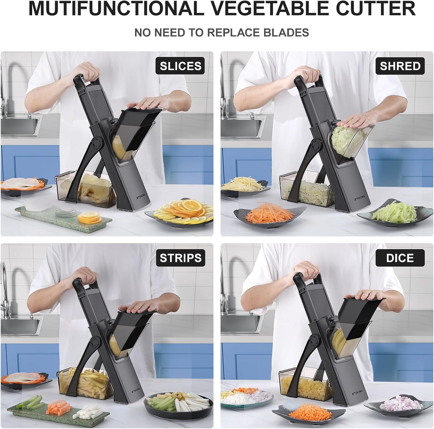 [All in 1] Upgraded Version Safe Mandoline Slicer for Kitchen, Adjustable Thickness. Veggie Slicer, Rapid Prep Mandoline, Detachable Blade, Cleaning Brush/Paring Knife (Black Knight)