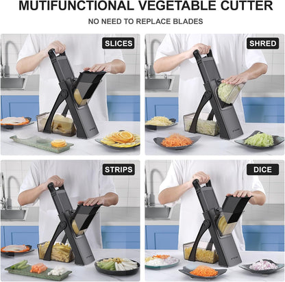 [All in 1] Upgraded Version Safe Mandoline Slicer for Kitchen, Adjustable Thickness. Veggie Slicer, Rapid Prep Mandoline, Detachable Blade, Cleaning Brush/Paring Knife (Black Knight)