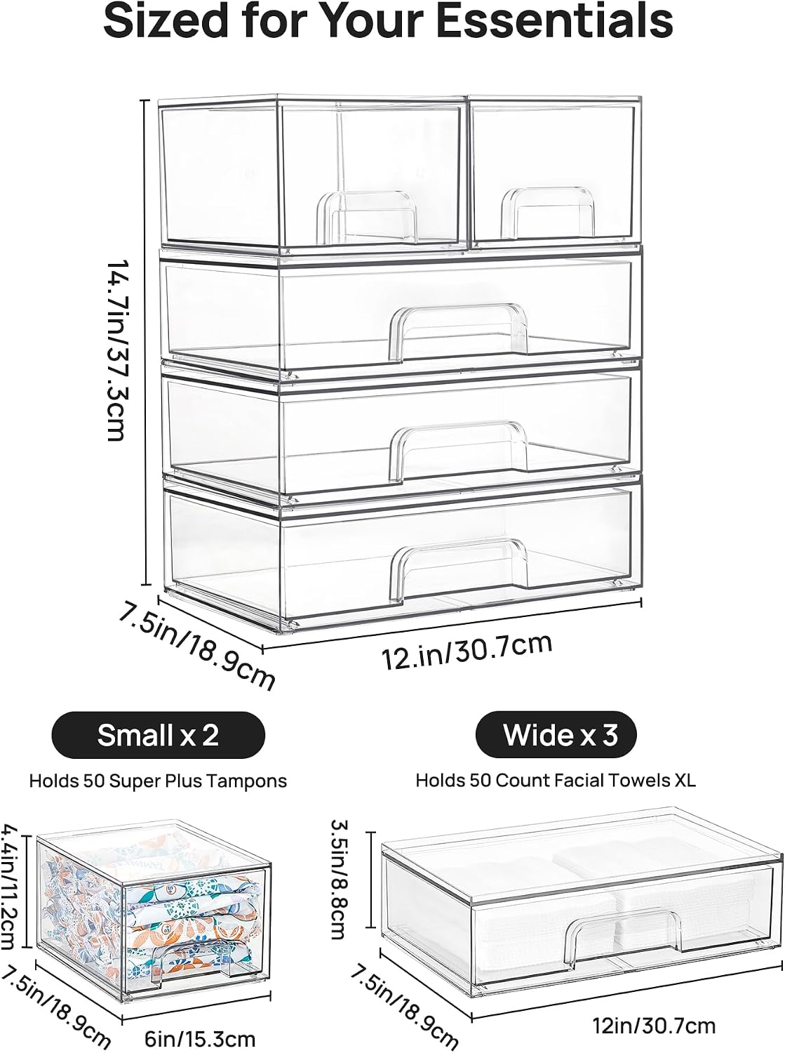 Vtopmart Stackable Storage Drawers Set of 5, Clear Plastic Organizer Bins for Baby Bottle, Beauty Supplies Storage, Ideal for Kichen Countertop, Vanity, Bathroom, Cabinet, Pantry Organization