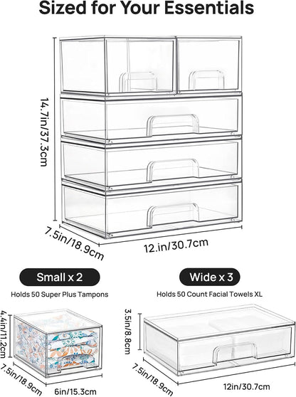 Vtopmart Stackable Storage Drawers Set of 5, Clear Plastic Organizer Bins for Baby Bottle, Beauty Supplies Storage, Ideal for Kichen Countertop, Vanity, Bathroom, Cabinet, Pantry Organization