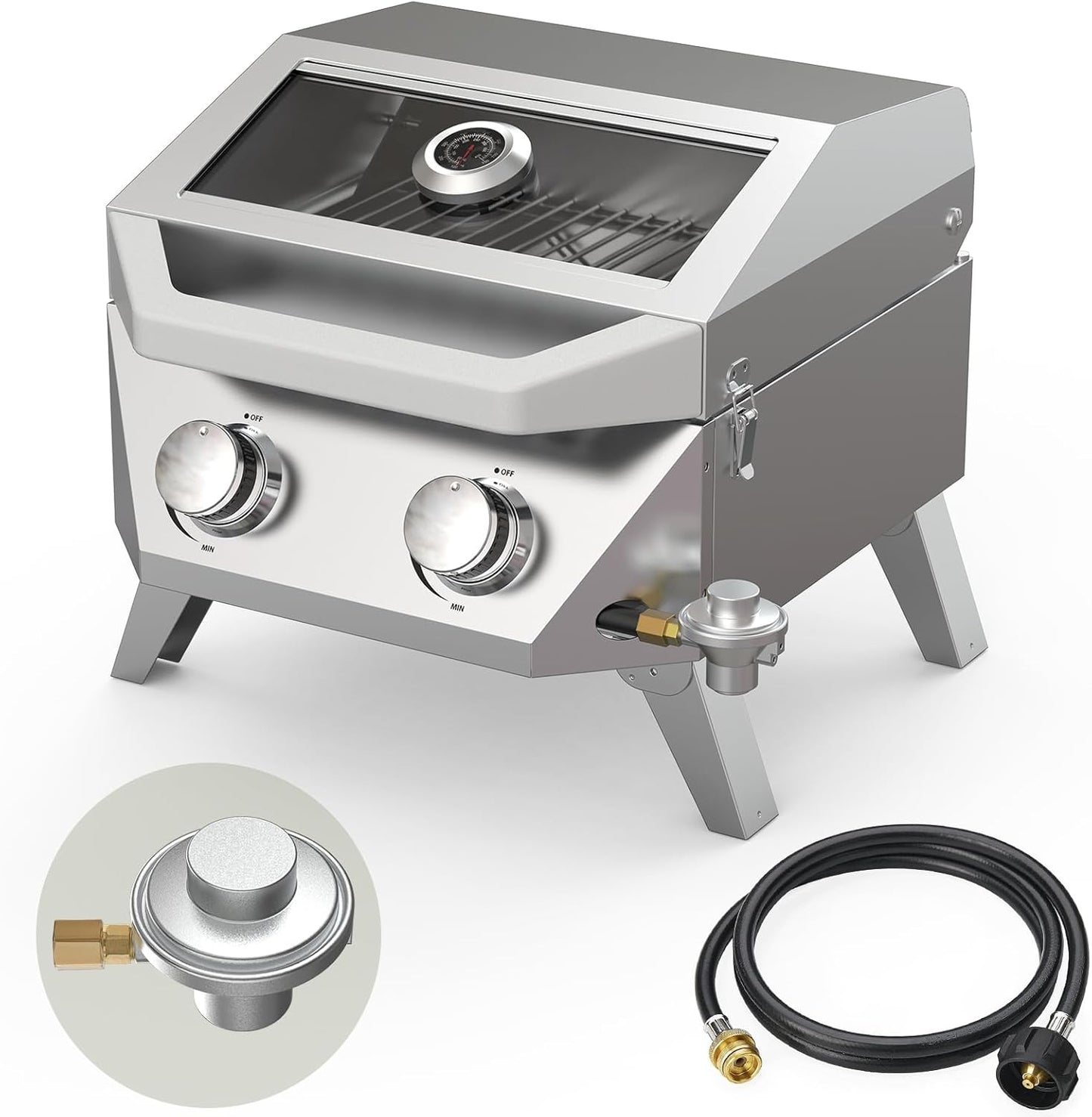 BESTFIRE 2-Burner Tabletop Propane Grill with Foldable Grill Cart, Portable Gas BBQ Station with Wheels & Prep Table, Dual-Fuel Setup for 1lb & 20lb Tanks, Stainless Steel Outdoor Kitchen for Camping