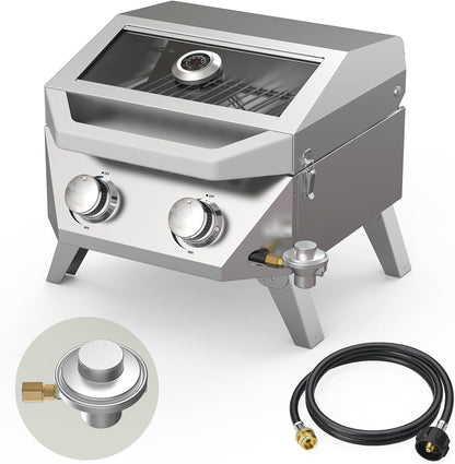 BESTFIRE 2-Burner Tabletop Propane Grill with Foldable Grill Cart, Portable Gas BBQ Station with Wheels & Prep Table, Dual-Fuel Setup for 1lb & 20lb Tanks, Stainless Steel Outdoor Kitchen for Camping