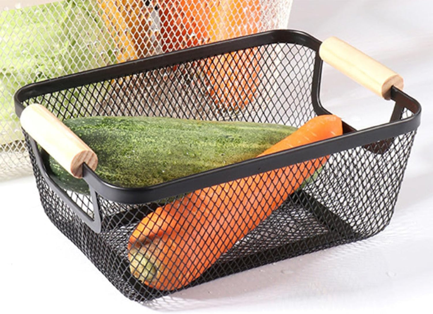 AJIODA Metal Mesh Steel Basket, Large Wire Storage Organizer Basket Multi-function Hanging Kitchen Baskets with Wood Handle for Kitchen Bathroom Picnic Home, Rectangle-Off White