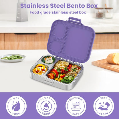Pawtong Stainless Steel Bento Lunch Box for Kids | 3-Compartment Lunch Box Container Kids | 100% Leakproof, Eco-Friendly, Perfect Portion Control for Kids&Adult Healthy Meals (Purple)