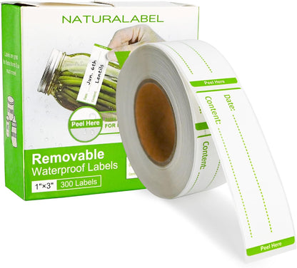 NATURALABEL 300 PCS Removable Freezer Labels with Dispenser - 1" x 3" Food Labels for Meal Prep Containers, Easy Peel-Off Design, No Residue (Green)