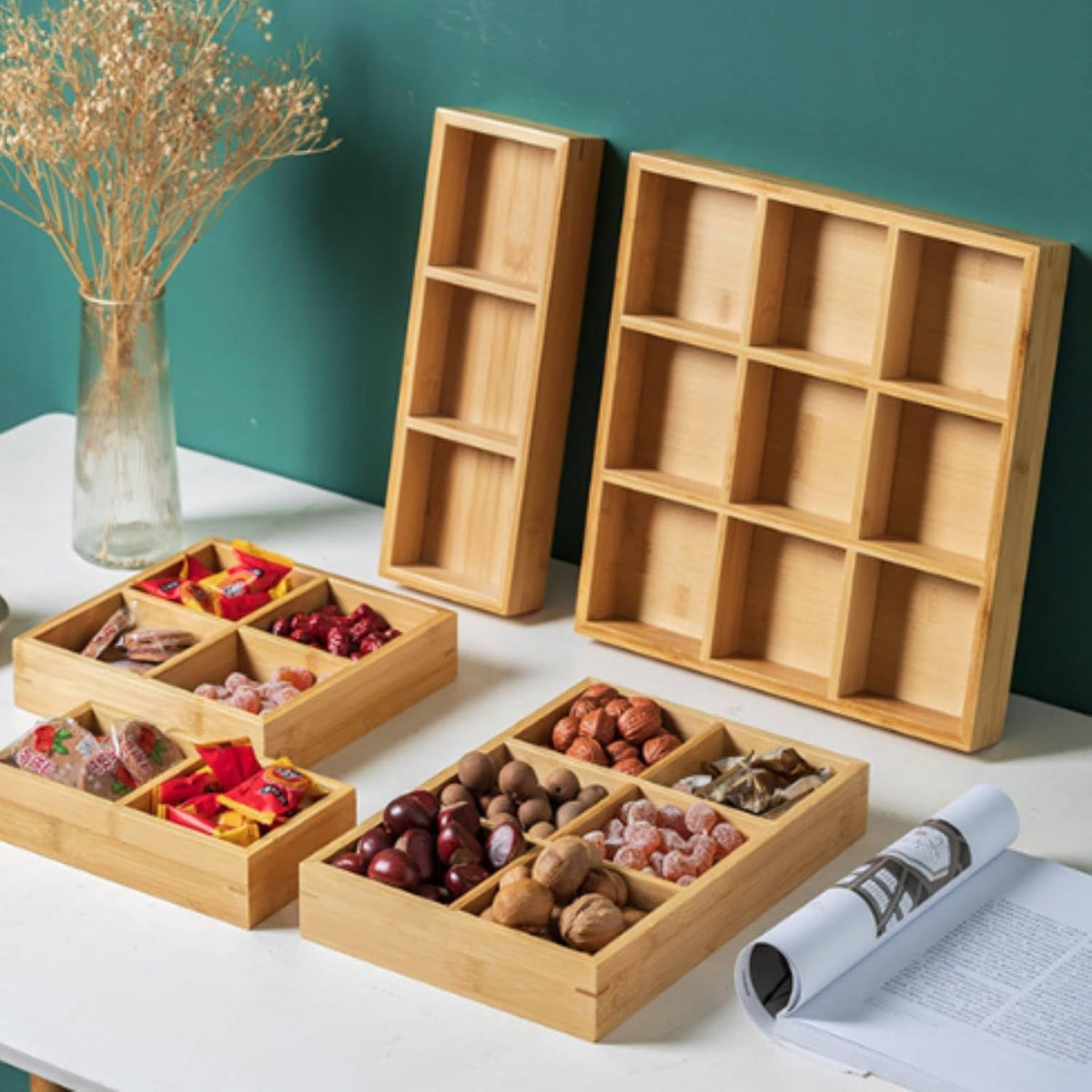 Divided Wooden Tray, Multi Compartments Wooden Serving Tray for Sushi and Hot Pot Restaurants Food Organizer Platter Natural Safe Smooth Polished Surface for Vegetables Snacks Appetizers