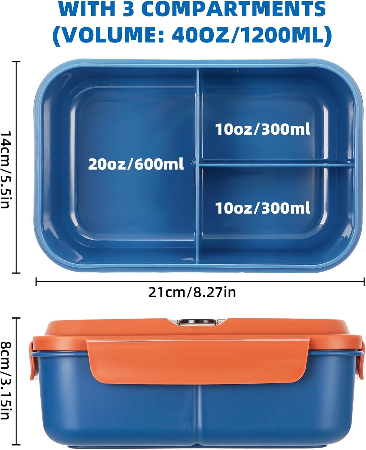 Fanhaw 40 Oz/5 Cup Bento Box for Kids, Men and Women, Lunch Box with 3 Compartments, Utensil, Microwave & Dishwasher Safe (Green)