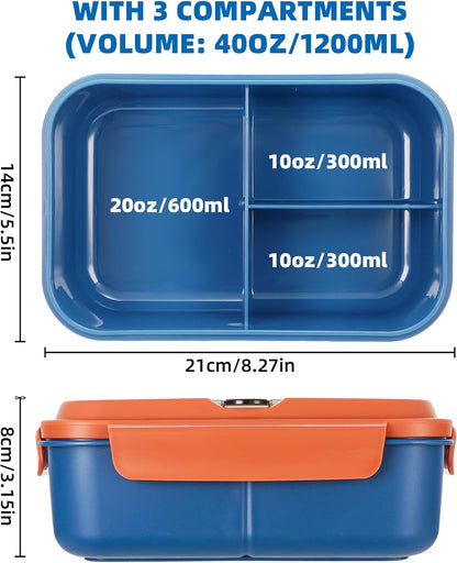 Fanhaw 40 Oz/5 Cup Bento Box for Kids, Men and Women, Lunch Box with 3 Compartments, Utensil, Microwave & Dishwasher Safe (Green)