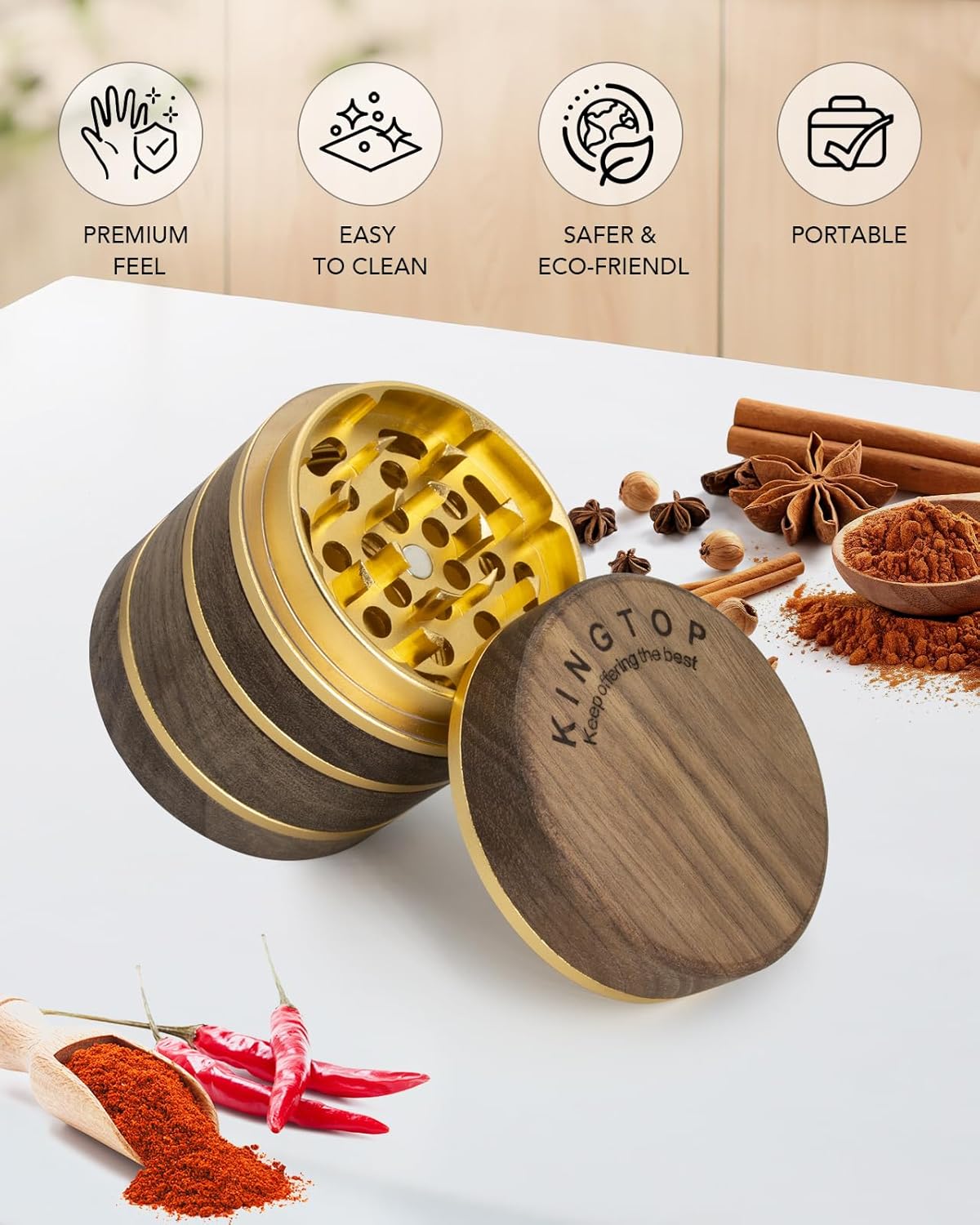 KINGTOP 2.5" Grinder Manual Spice Grinder, Walnut Wood & Aluminum Mill