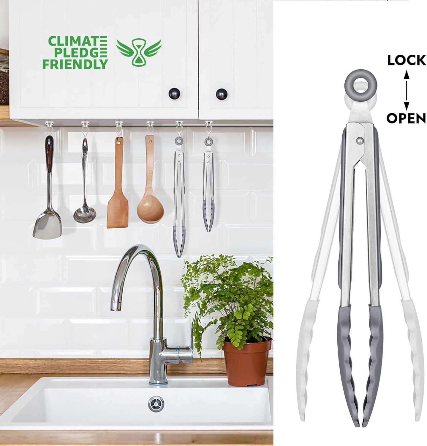 HOTEC Premium Stainless Steel Locking Kitchen Tongs with Silicon Tips, Set of 2-9" and 12"