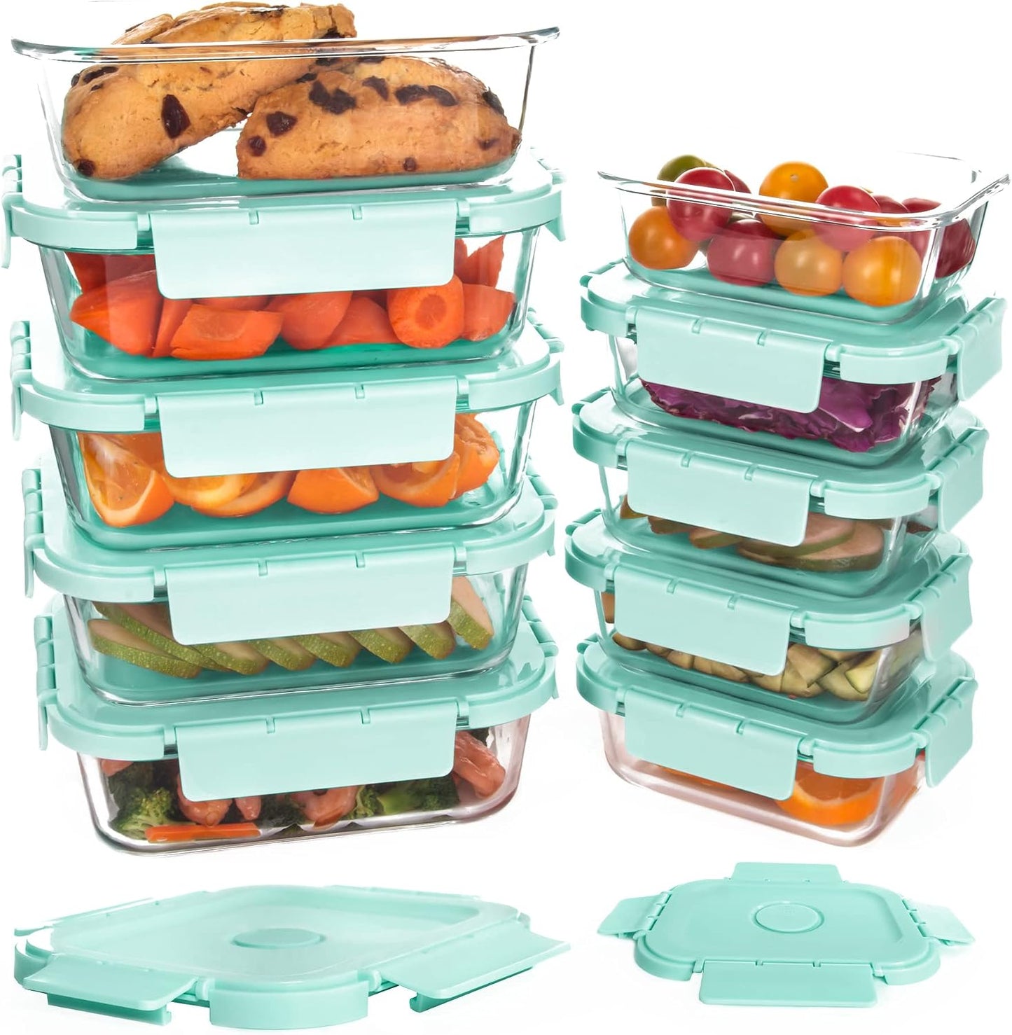 Glass Food Storage Containers 10 Pack, Meal Prep Containers with Snap Locking Lids Airtight Built in Air Vents, Glass Lunch Containers, Microwave/Dishwasher Safe, Navy Blue