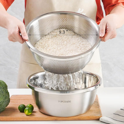 304 Stainless Steel Colander 5QT Microporous Colander & Large Bowl for Kitchen,Rice Strainer with Salad Mixing Bowl for Pasta Straining,Fruit Washing,Vegetable Draining,Food Mixing(2PCs)