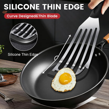 Silicone Fish Spatula, Heat Resistant Silicone Edge for Nonstick Cookware, Fish Turner for Kitchen Use, Flexible and Thin Stainless Steel Cooking utensils, Perfect Slotted Spatula for Egg, Pancake