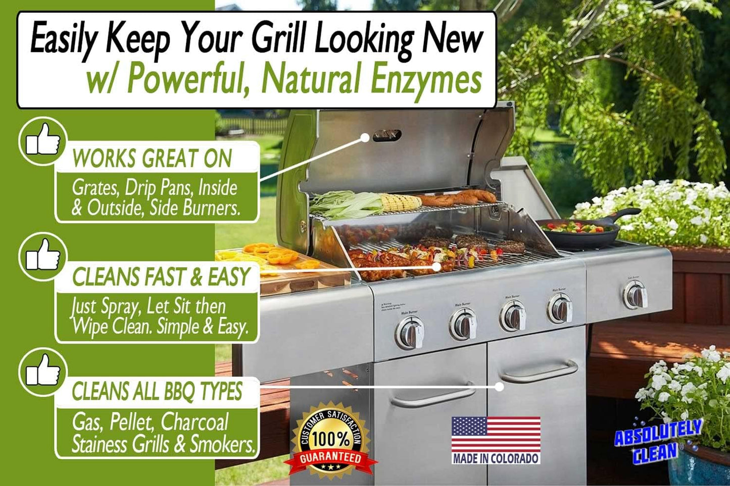 Absolutely Clean IT JUST WORKS GREAT as Grill Cleaner Spray! - Professional Strength, Natural Enzyme Formula - Fast Acting, Fume Free - USA Made (16oz Spray Bottle)